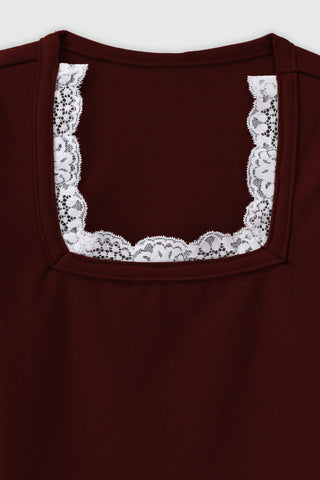 Lace Layer Square Neck Top in Burgundy