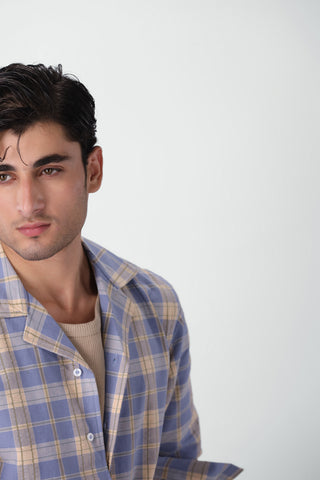 Boxy Fit Camp Collar Flannel Shirt in Blue