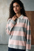 Striped Polo Shirt with Contrast Detail / PINK & GREY RUGBYPOLO ATTIR-UNISEX
