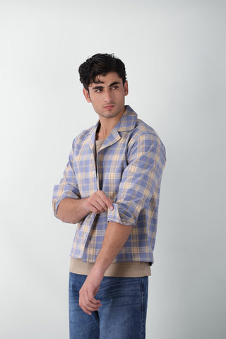 Boxy Fit Camp Collar Flannel Shirt in Blue