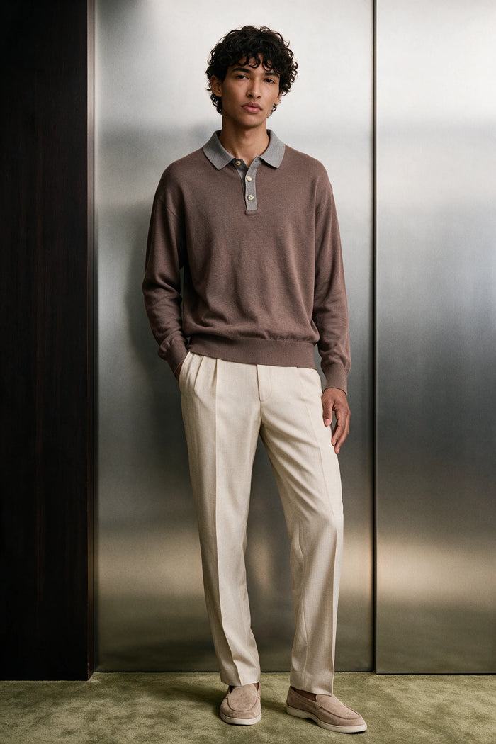 Contrast Knit Polo Sweater / BROWN