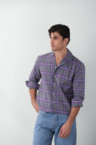 Boxy Fit Camp Collar Flannel Shirt in Grey