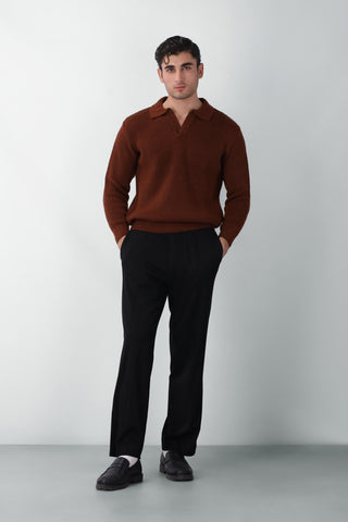 Chunky Knitted Polo Jumper in Wood Brown