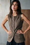 Sleeveless Twill Vest / DARK OLIVE VEST ATTIR-WOMEN