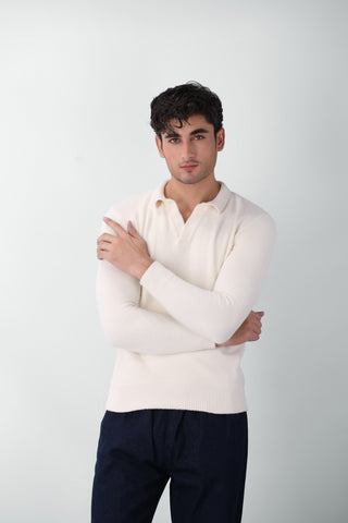 Furry Knitted Polo Jumper in Snow