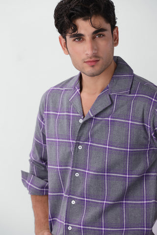 Boxy Fit Camp Collar Flannel Shirt in Grey