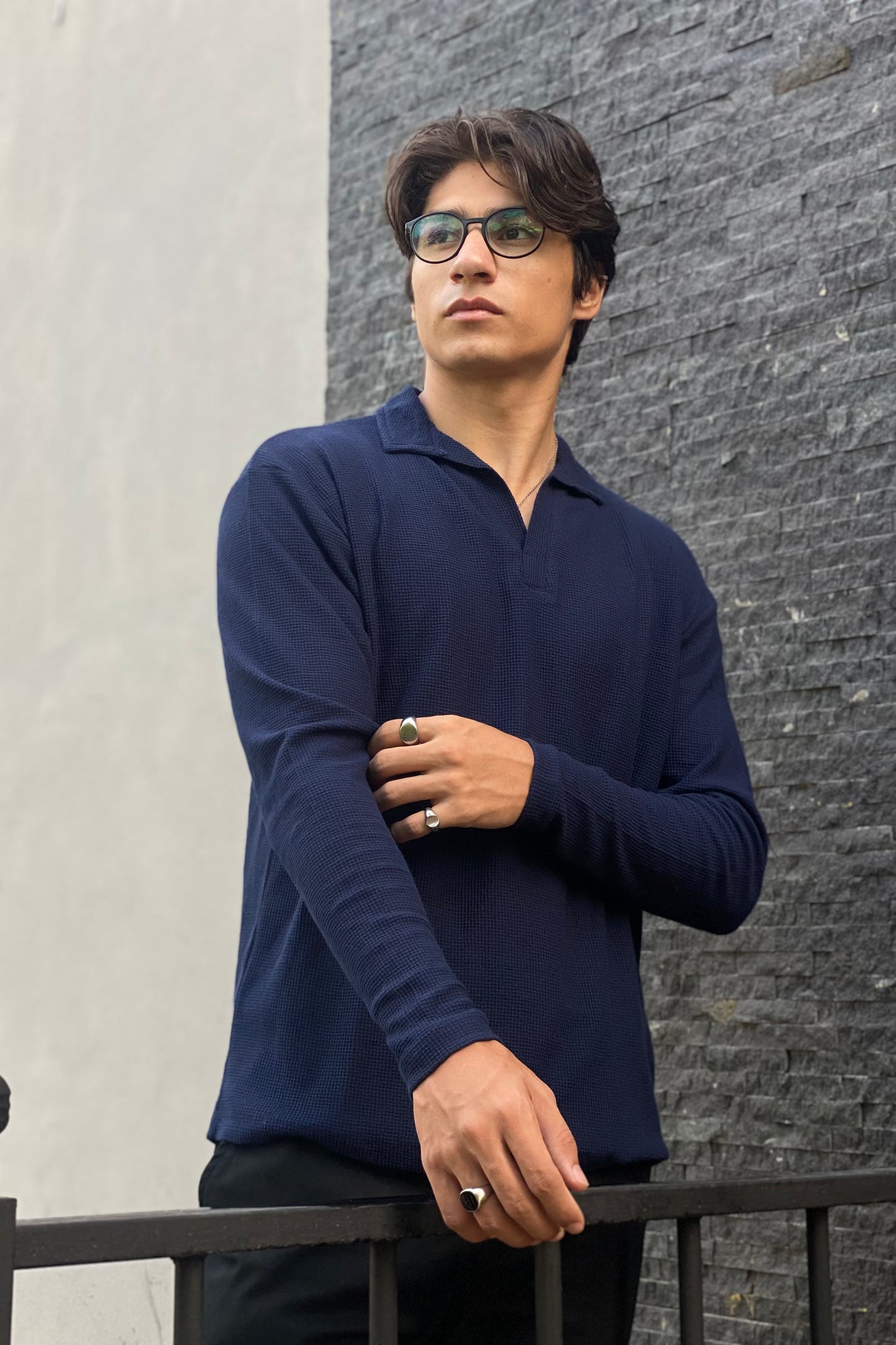 Waffle-Knit Revere Polo Shirt with Full Sleeves