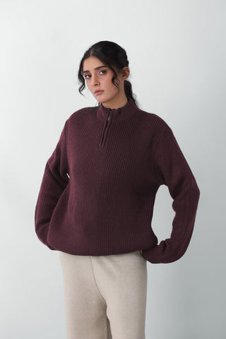 Q Zip Knitted Jumper in Plum