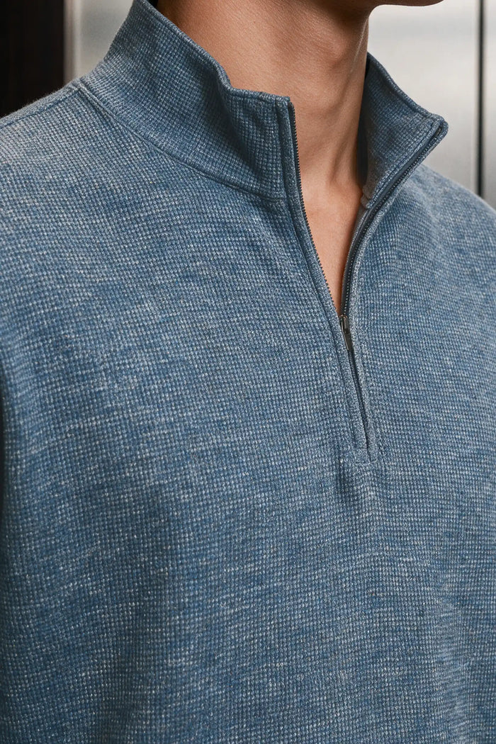 Waffle-Knit Quarter Zip Sweatshirt / DARK BLUE