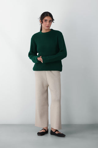 Tuck Knitted Crew Neck Jumper in Bottle Green