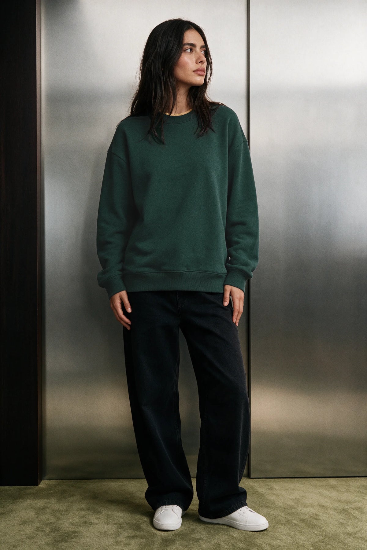 Neck Detail Fleece Sweatshirt / GREEN SWEATSHIRT ATTIR-UNISEX