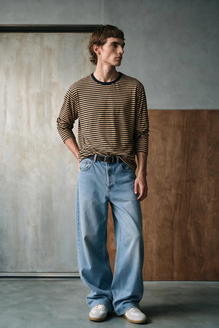 Long Sleeves Striped T-shirt / BLACK & BROWN