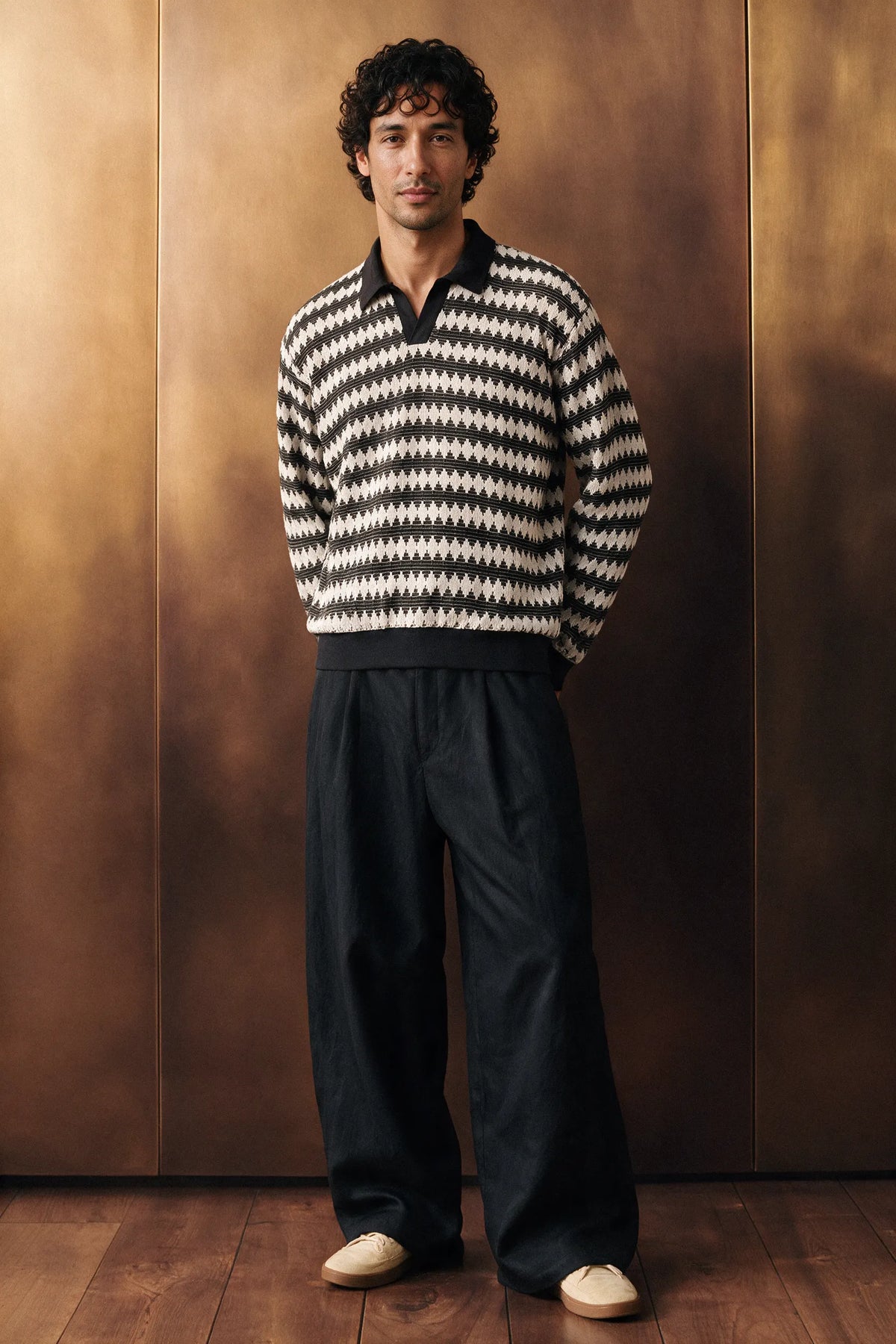 Crochet Knit Polo Shirt / OFF WHITE POLO ATTIR-MEN