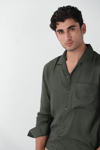 Seamless Collar Detail Boxy Shirt in Forest Green