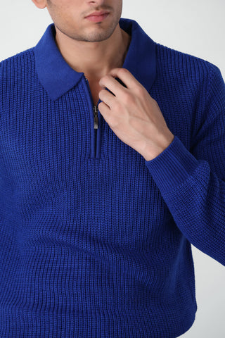 Chunky Knitted Polo Q-zip Jumper in Lapis Blue