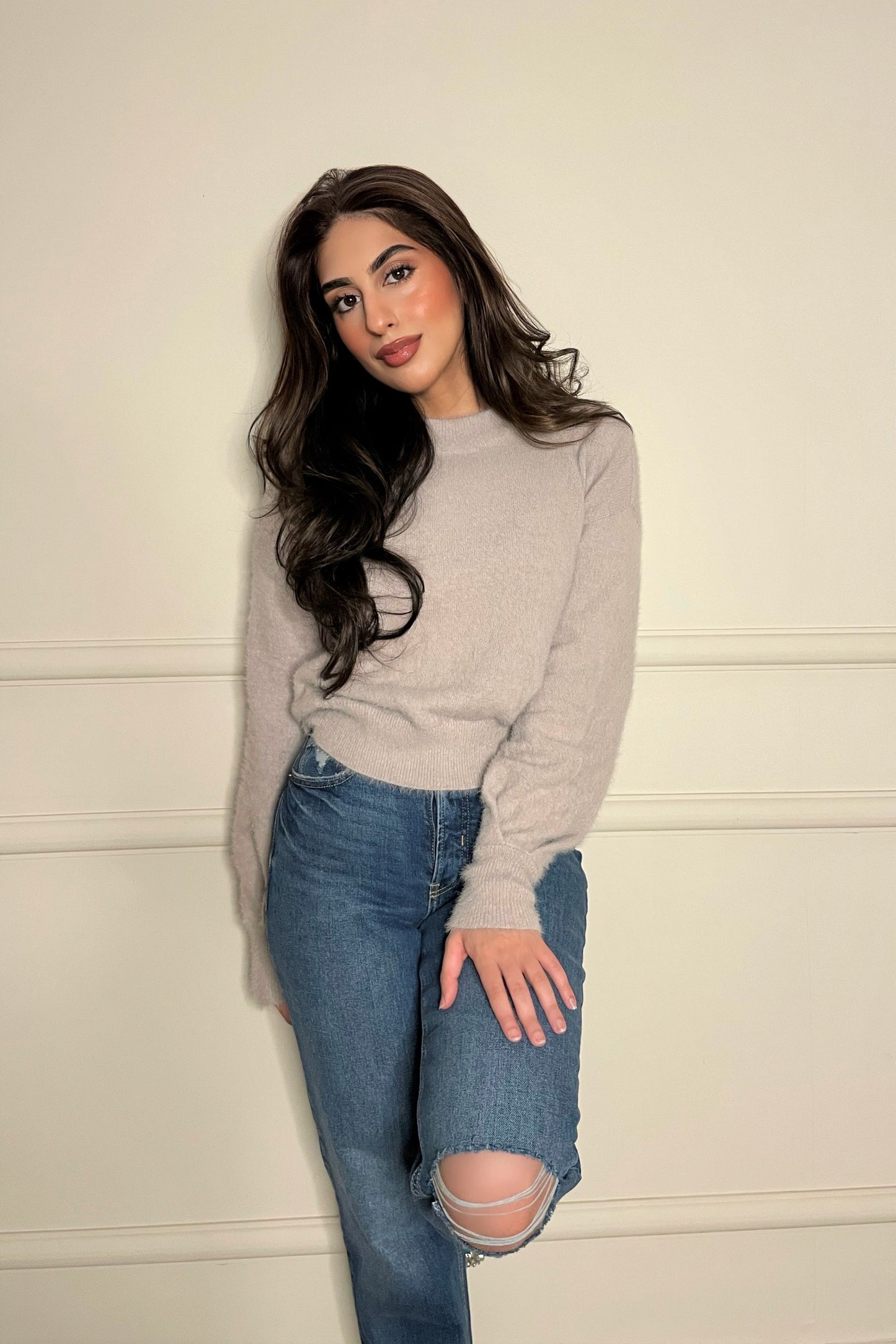 Feather Yarn Mock Neck Sweater