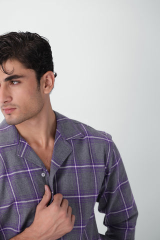 Boxy Fit Camp Collar Flannel Shirt in Grey