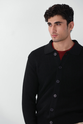 Cardigan Knitted Collared Jumper in Ink Black