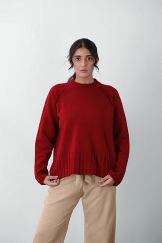 Side-Slit Knitted Jumper in Scarlet Red