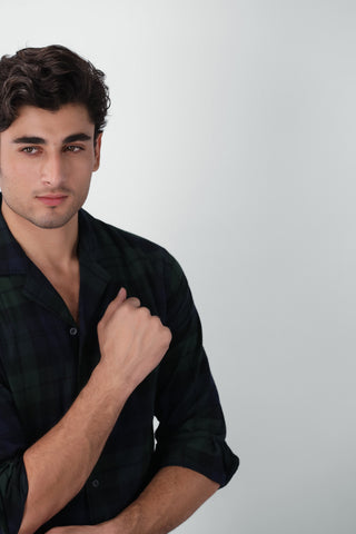 Boxy Fit Camp Collar Flannel Shirt in Green