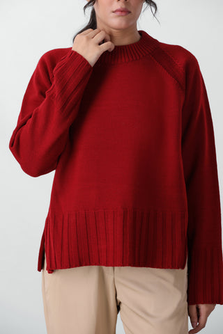 Side-Slit Knitted Jumper in Scarlet Red