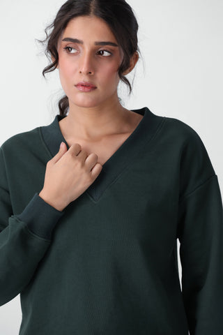 V-neck Sweatshirt in Dark Green