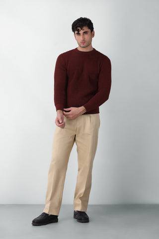 Tuck Knitted Crew Neck Jumper in Maroon