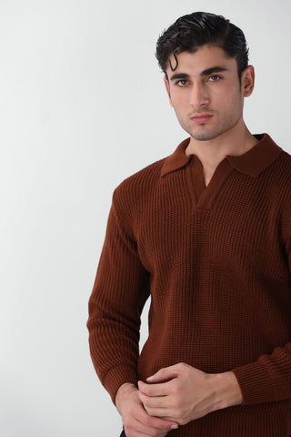 Chunky Knitted Polo Jumper in Wood Brown