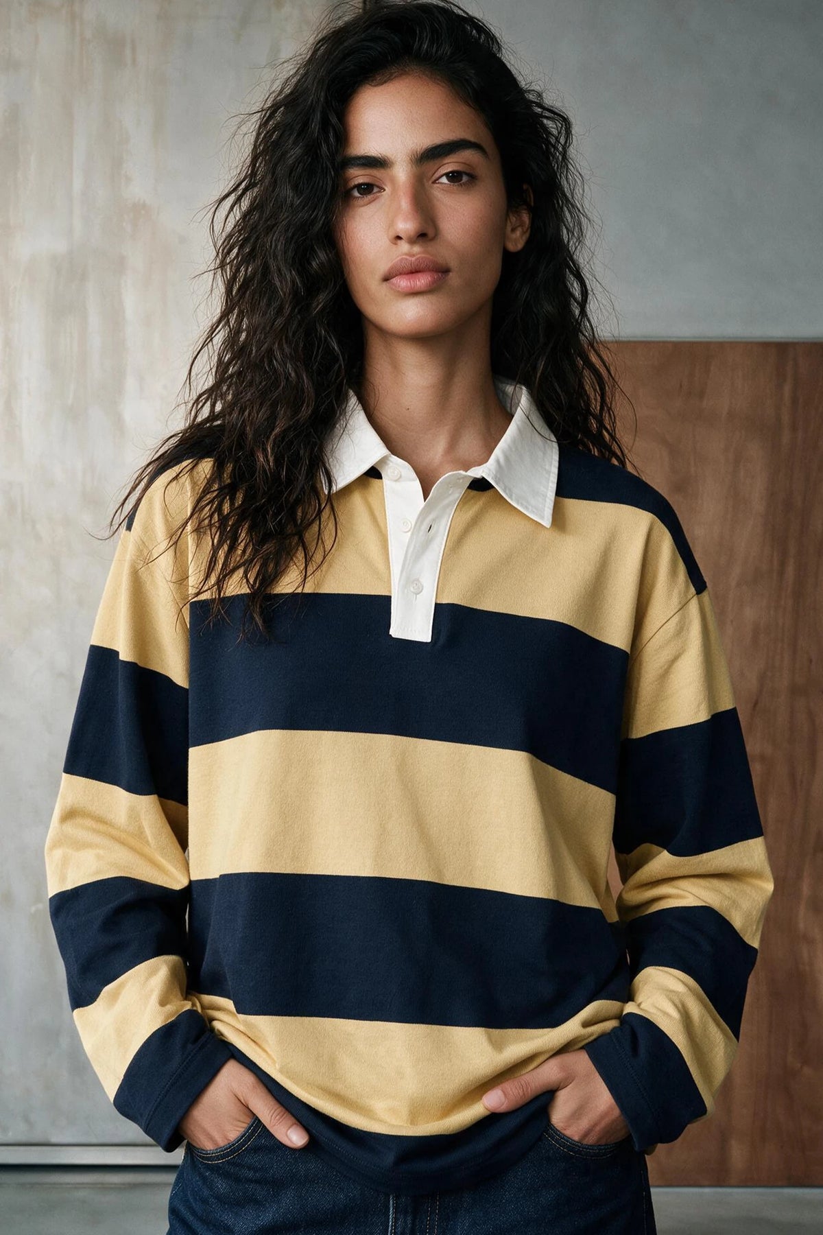 Striped Polo Shirt with Contrast Detail / BEIGE & NAVY RUGBYPOLO ATTIR-UNISEX