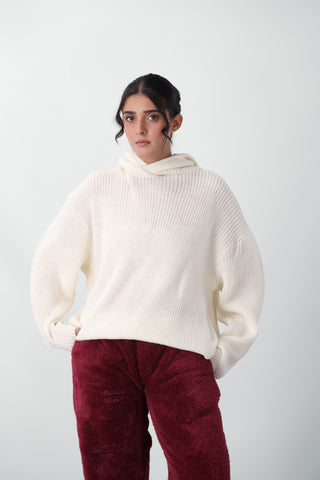 Cardigan Knitted Oversized Hoodie in Cream