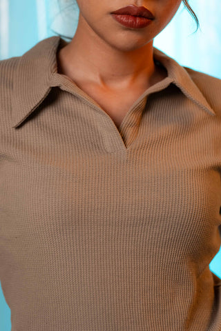 Waffle-Knit Polo Top in Stone