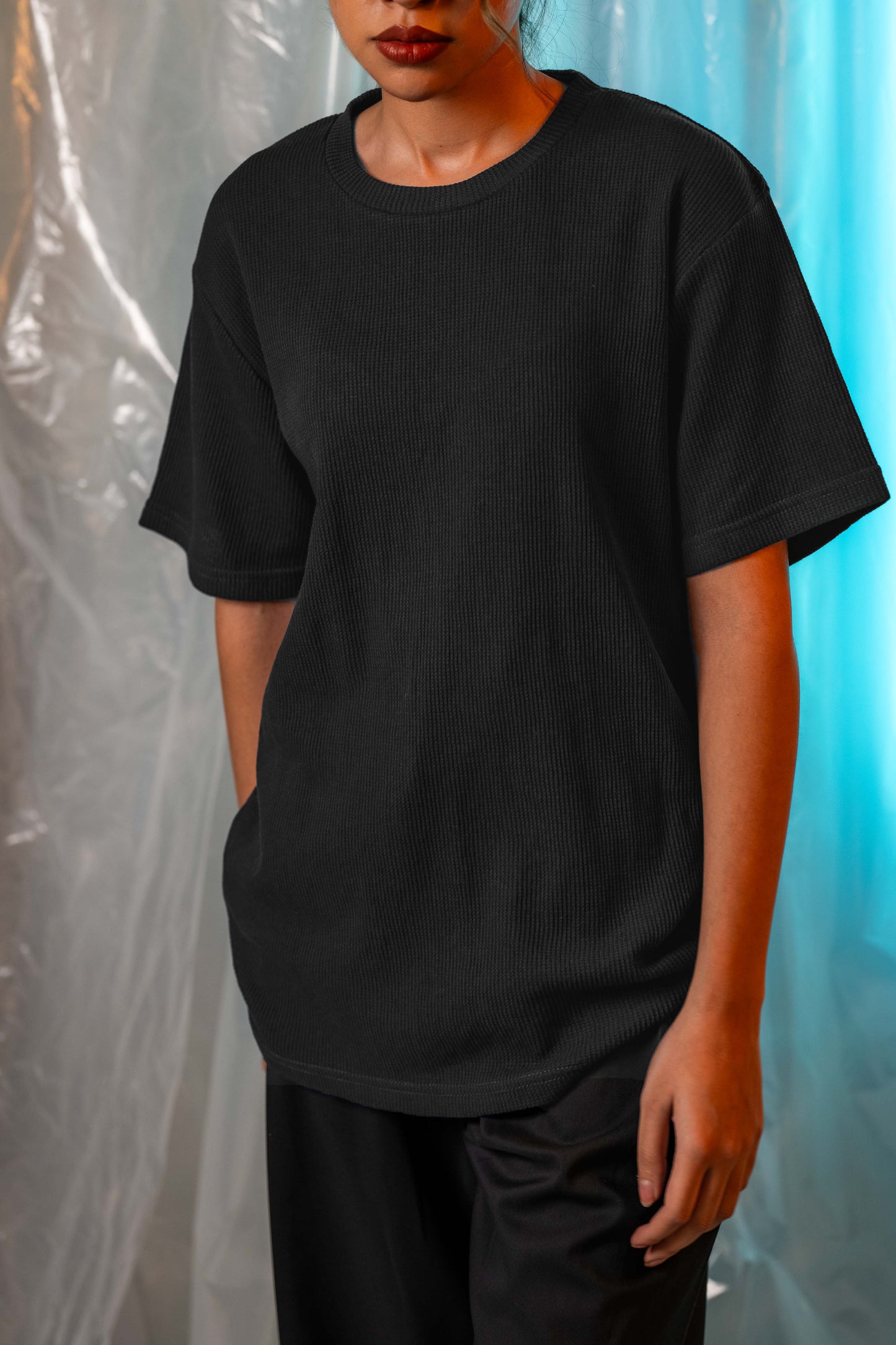Waffle Textured Crew Neck in Black