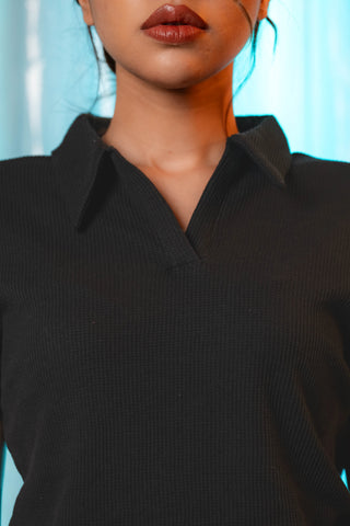Waffle-Knit Polo Top in Black