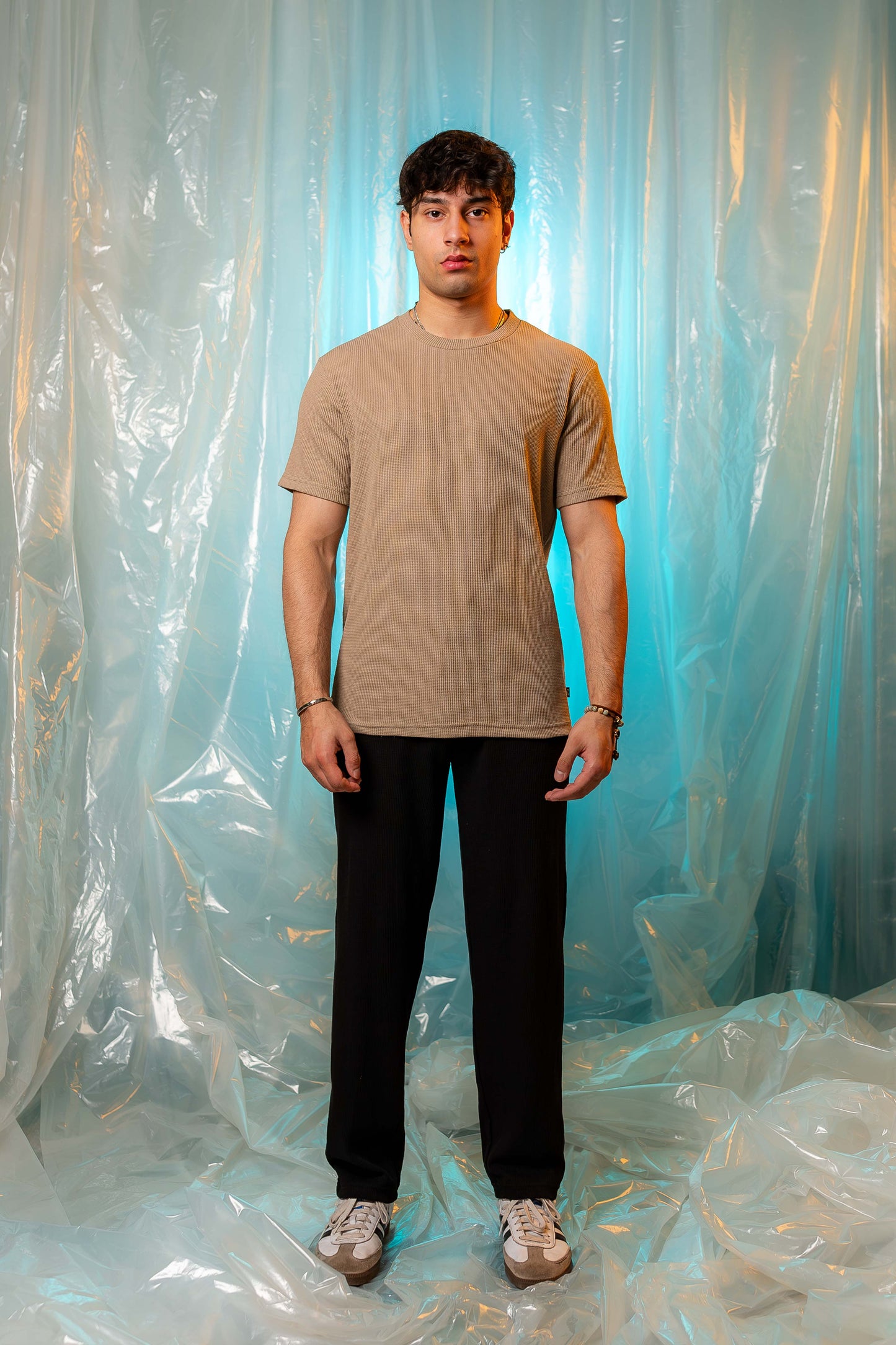 Waffle Textured Crew Neck in Stone