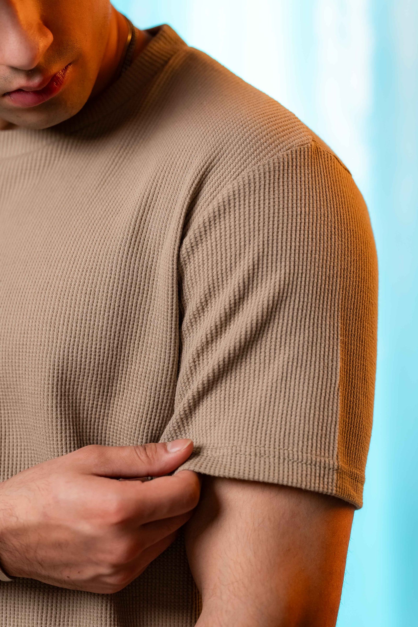 Waffle Textured Crew Neck in Stone