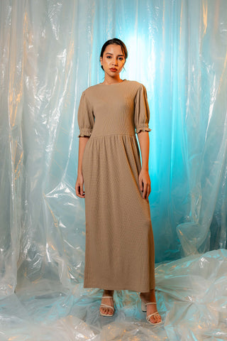 Waffle Textured Smock Midi Dress in Stone