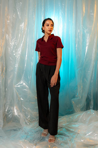 Waffle-Knit Polo Top in Maroon