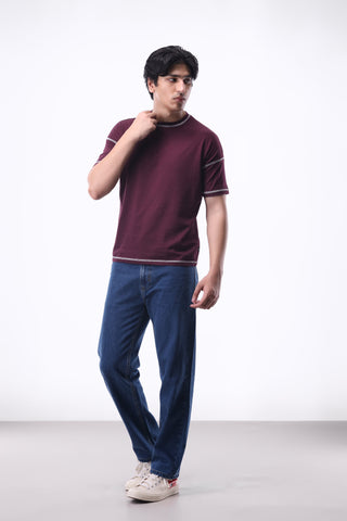 Contrast-stitch Oversized T-shirt in Plum