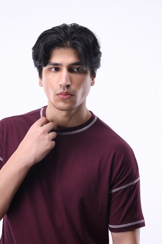 Contrast-stitch Oversized T-shirt in Plum