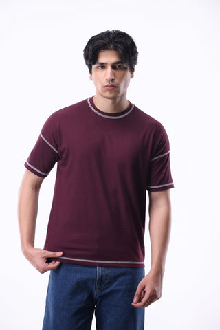 Contrast-stitch Oversized T-shirt in Plum