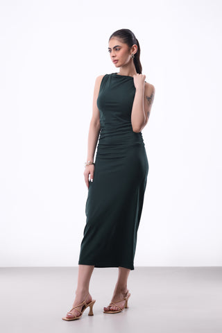 Boat Neck Dress with Ruched Sides in Bottle Green