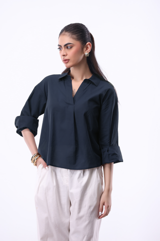 Summery V-notch Collar Shirt in Dark Navy