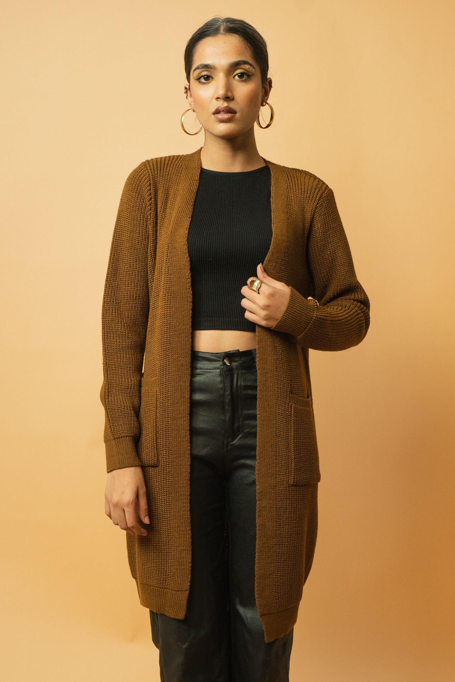 Long Textured Cardigan in Camel