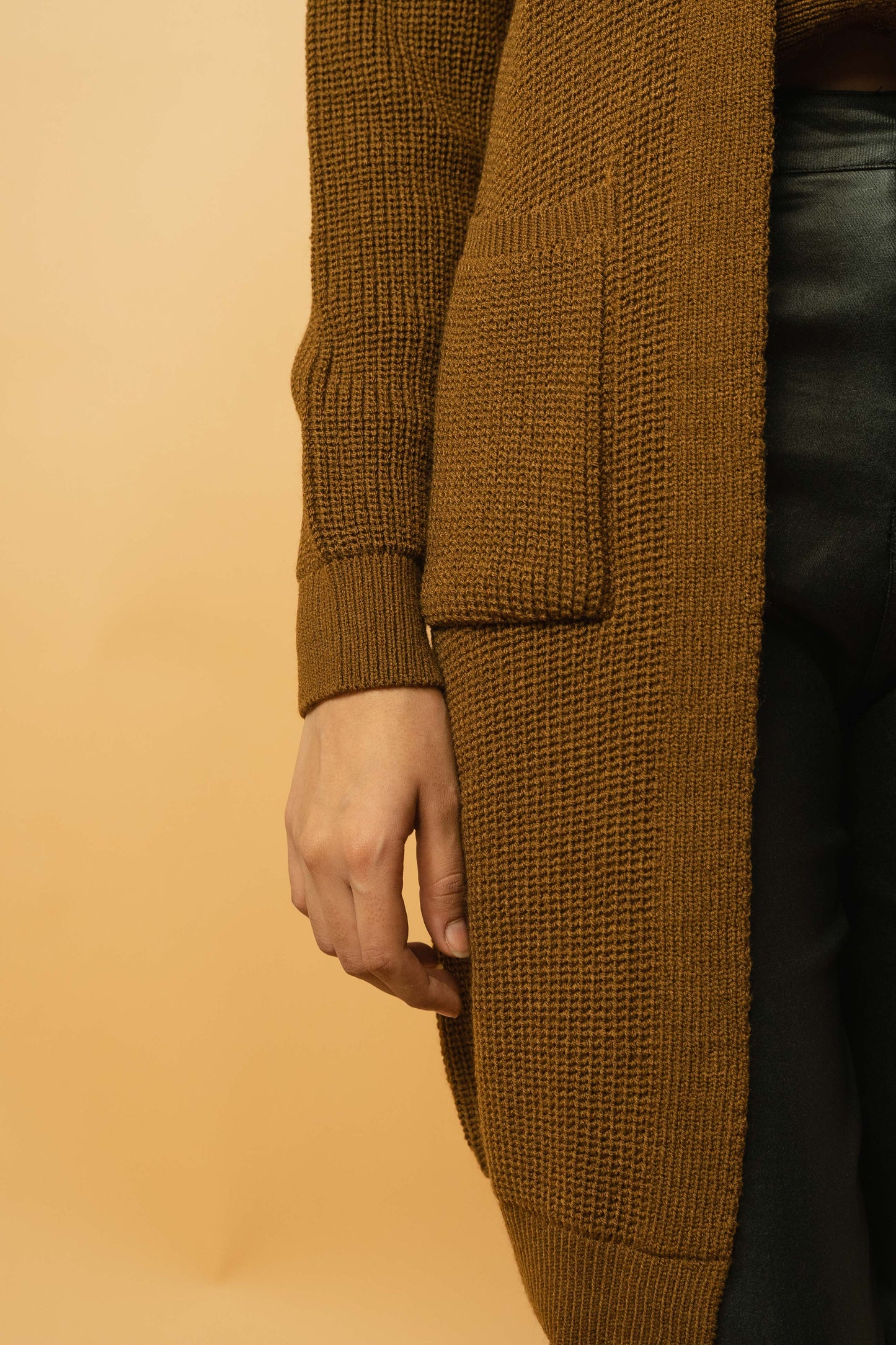 Long Textured Cardigan in Camel