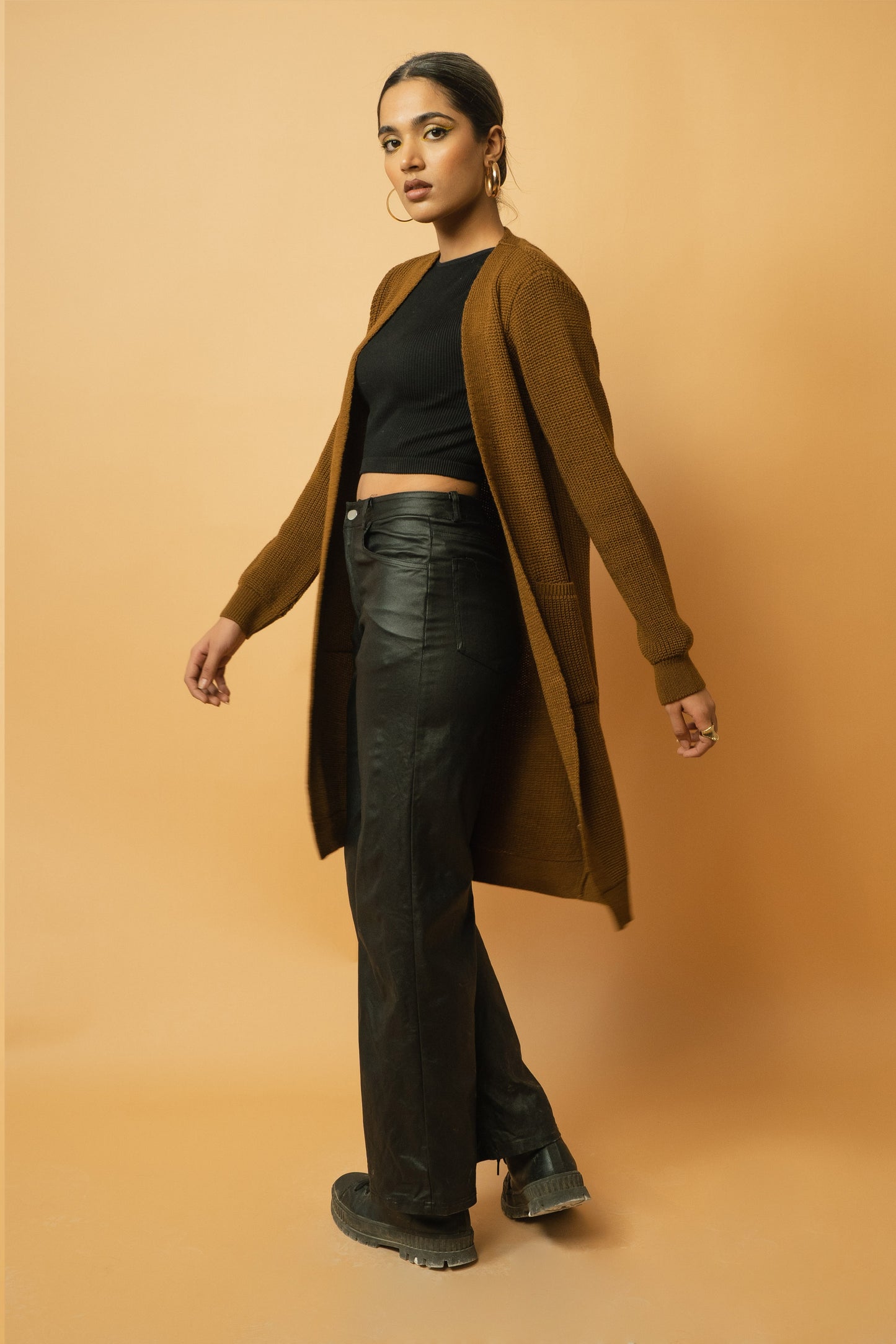 Long Textured Cardigan in Camel