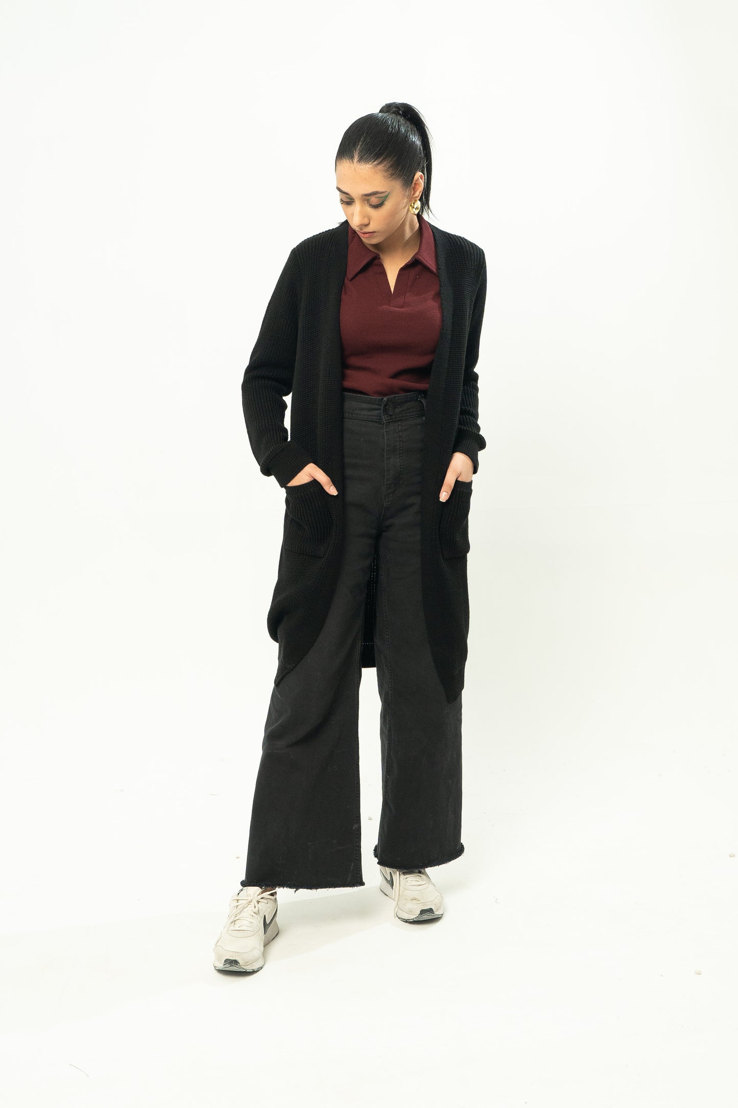 Long Textured Cardigan in Black