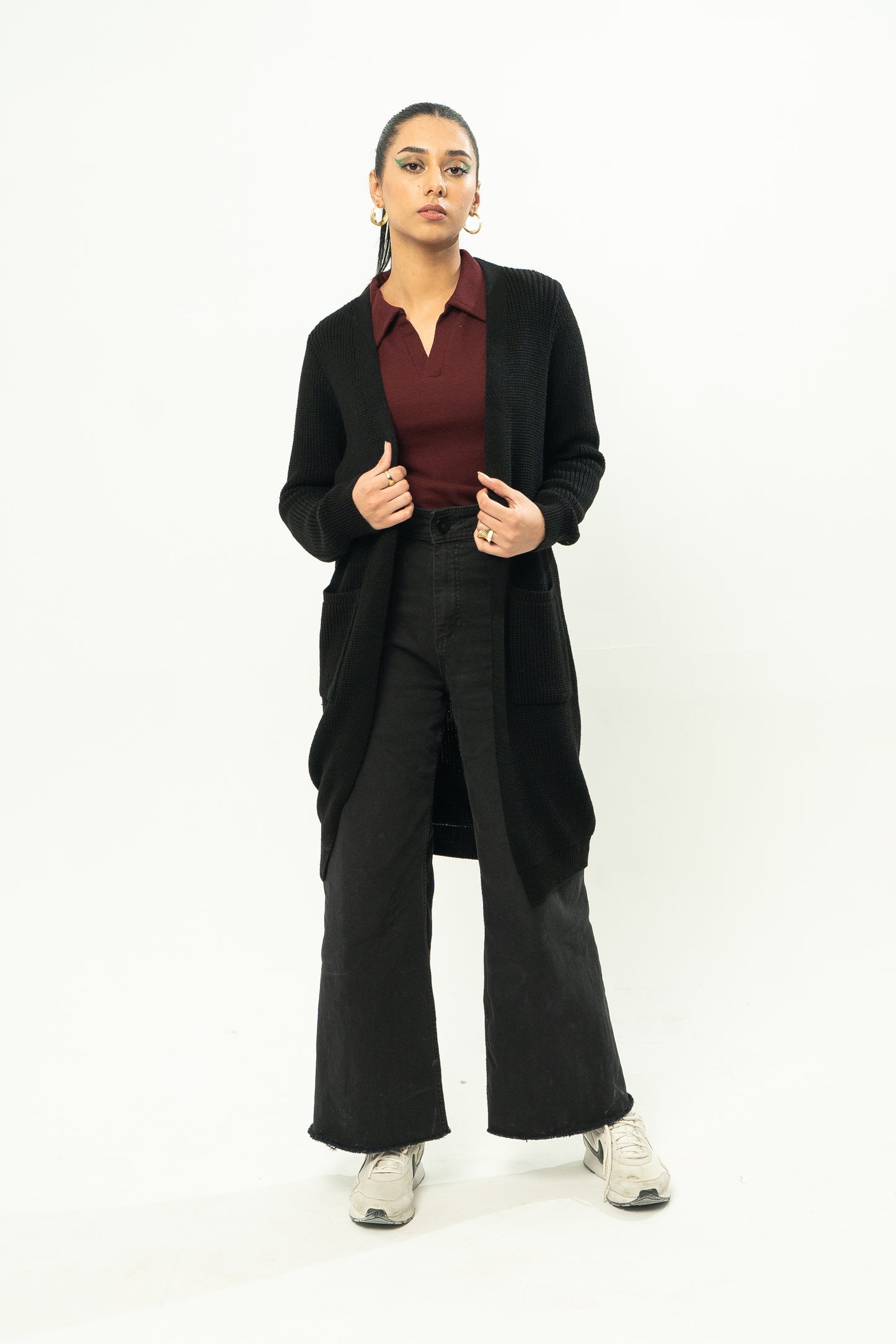 Long Textured Cardigan in Black