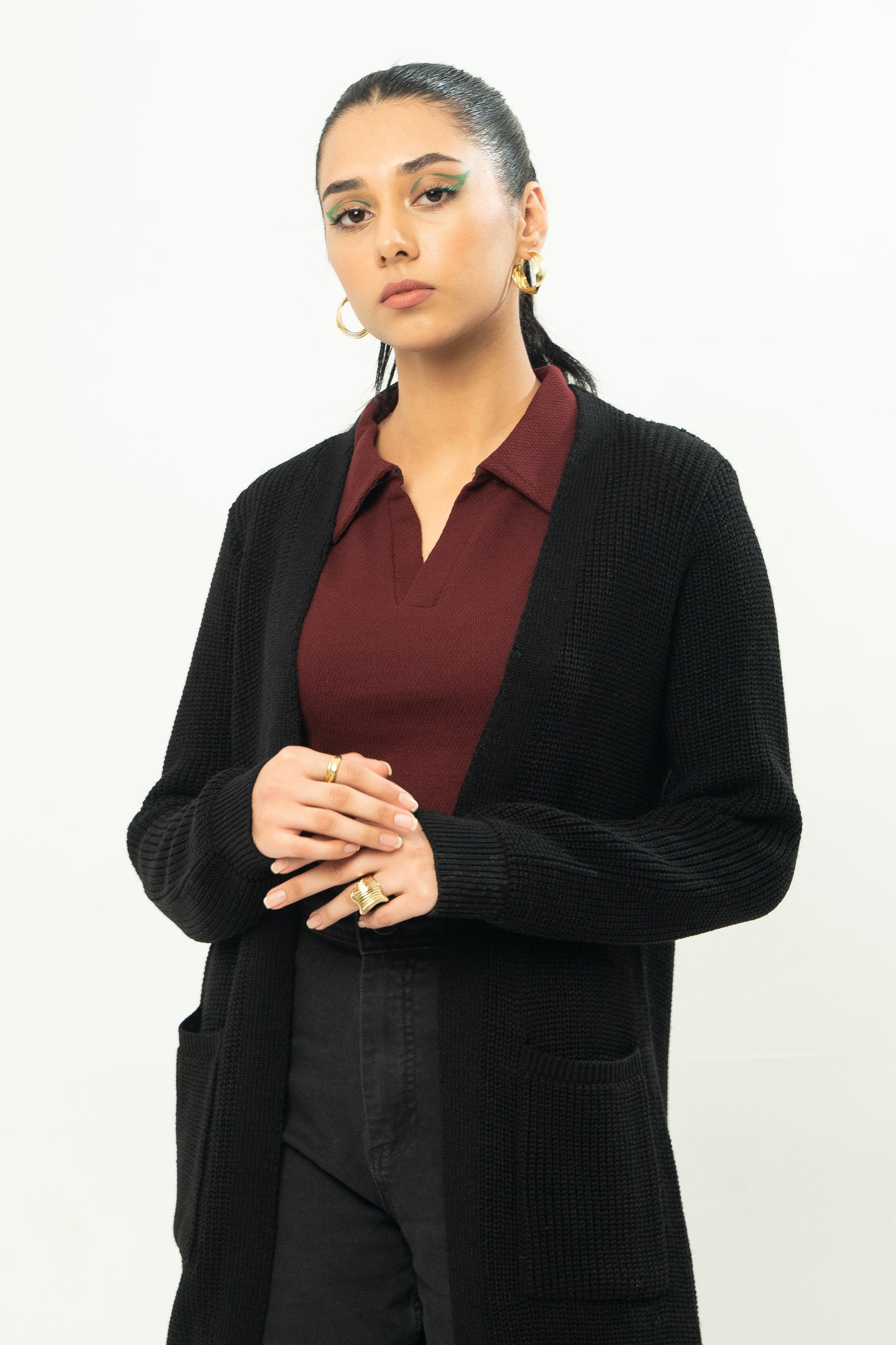 Long Textured Cardigan in Black