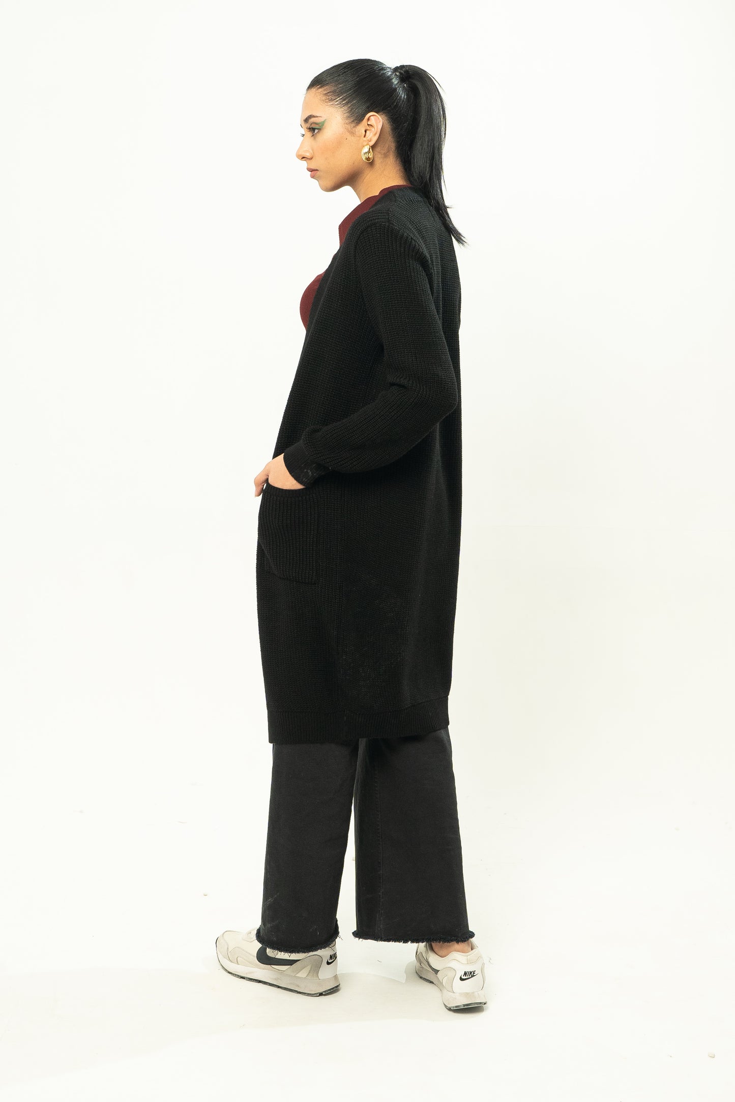 Long Textured Cardigan in Black