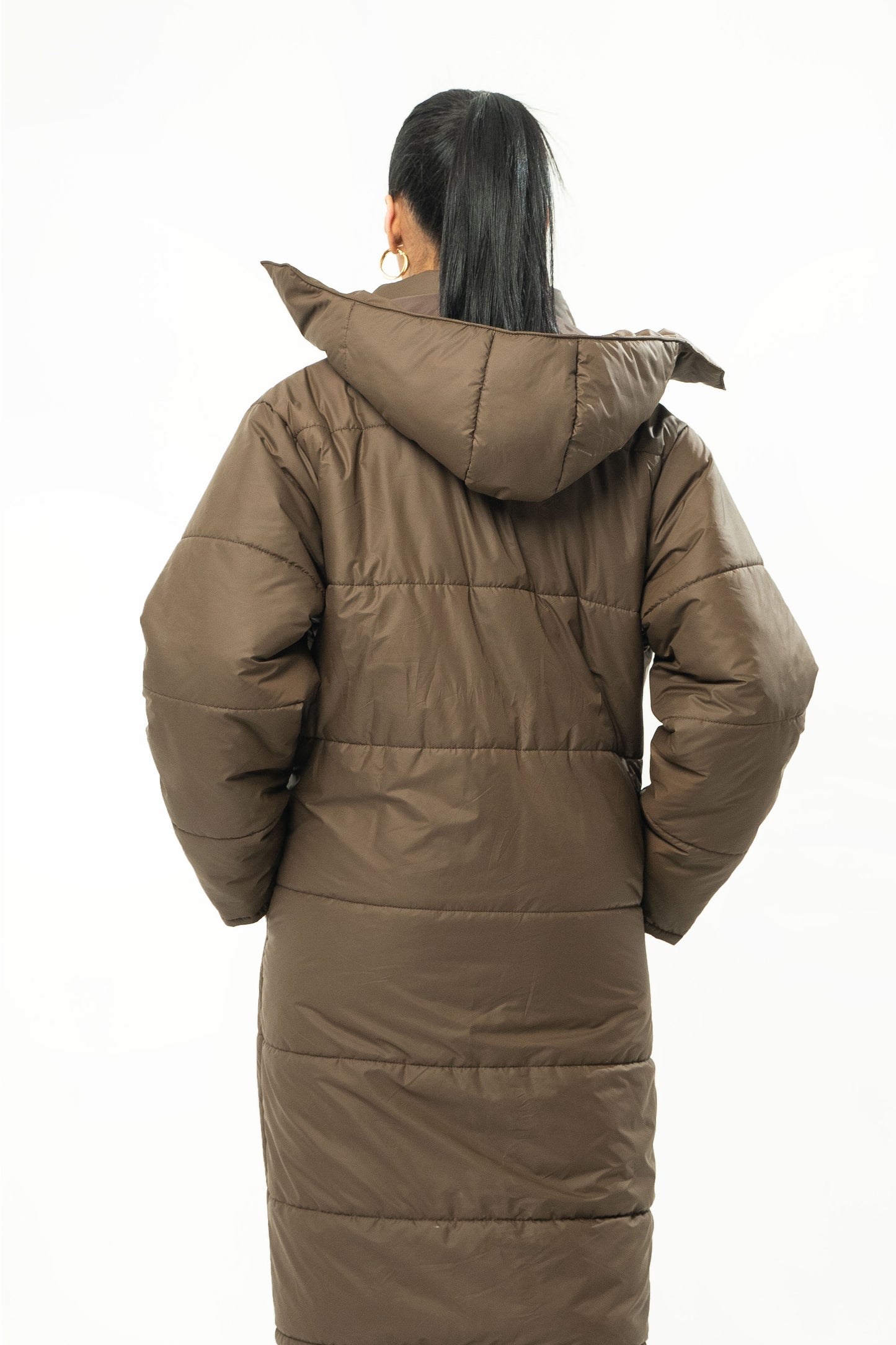 Long Puffer Jacket in Chocolate Brown